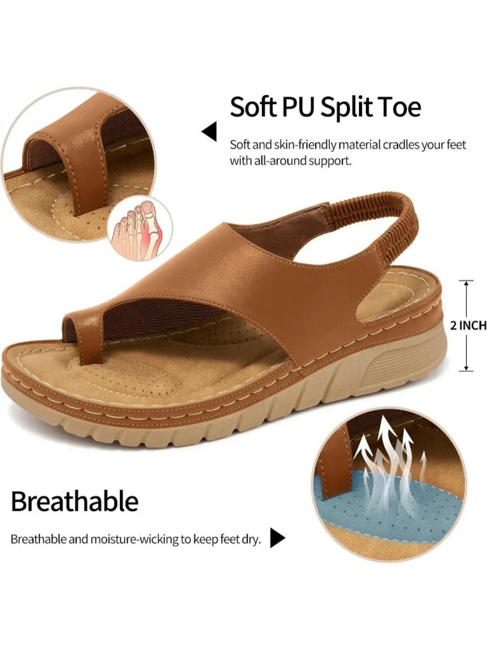 Women's Brown Cushioned Soft PU Leather Lightweight Comfortable Wedge Sandal